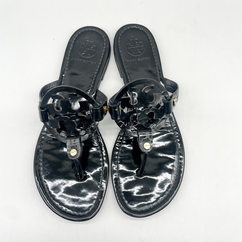 Tory Burch Womens 8M Miller Thong Sandals Black Patent Leather Logo Preppy Flats